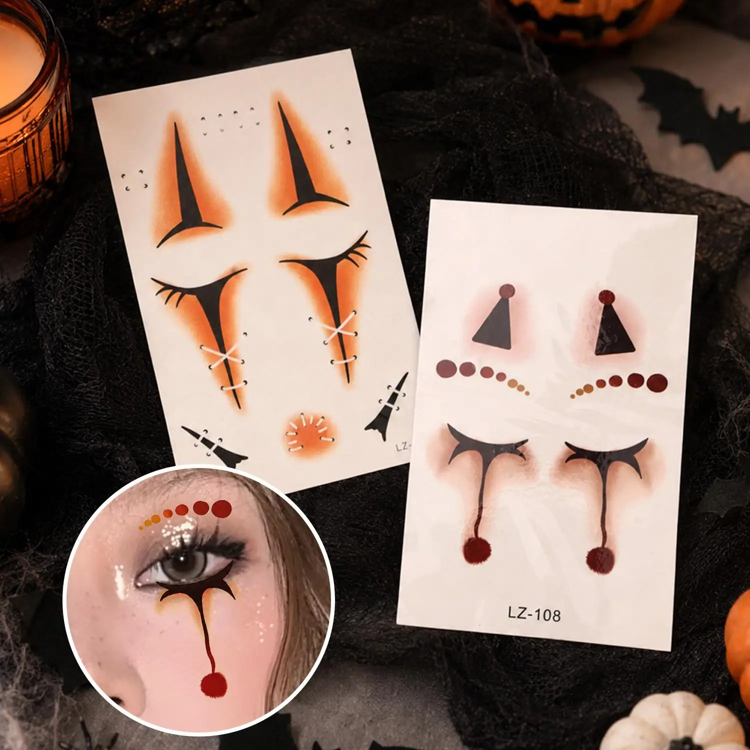 Halloween Joker Horror Face Temporary Tattoo Stickers Poker Long Lasting Face Transfer Tattoos for Carnival Cosplay Party Makeup - view 6