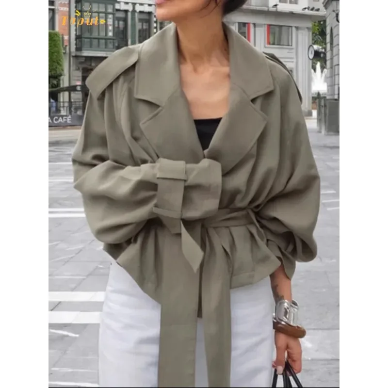 

Women Lace Up Belt Trench Coat Chic Solid Lapel Full Sleeve Pocket Short Windbreaker Jacket Autumn Lady New Street Outerwear