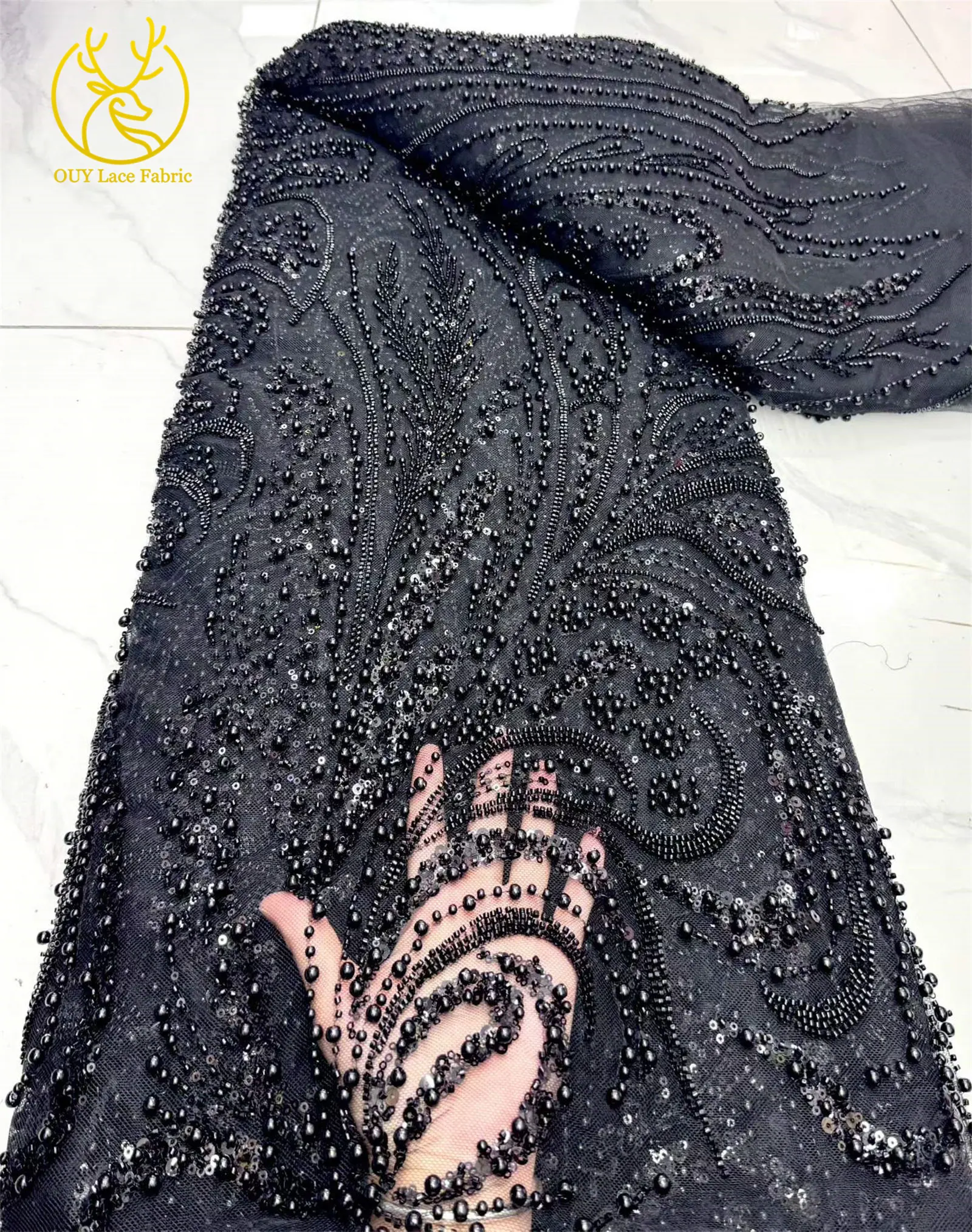 Orangefarbener Perlen-Spitzenstoff, afrikanischer Spitzenstoff, 5 Yards, hochwertige französische Netz-Pailletten-Spitze für Kleider, Heimdekoration, Nähen – Detail 11