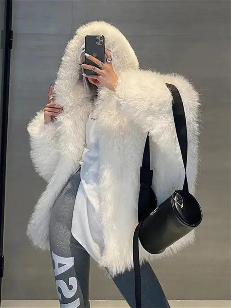 Hooded Winter Faux Fox Fur Coats Korean Fashion Furry Jacket Warm Thick Luxury Plush Casaco Loose Casual Women New Chaquetas