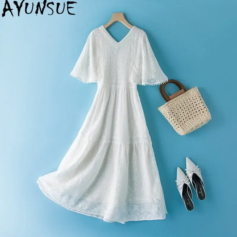 Imagem -02 - Elegante e Bonito Vestido Branco Feminino 100 Seda Amoreira Vestido Midi Praia Roupa Bordada Verão