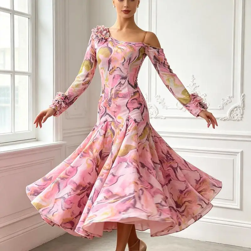 2026 Professional Modern Dress Printing Flower Gb Dance Competition Dress Performance Art Test Practice Dance Dress W24015