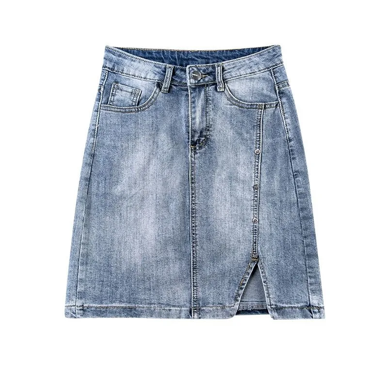 Slimming High Waist Short Denim Skirt for Women Thin Summer Style Mini Half Body Skirt with Slit Butterfly Blue Color
