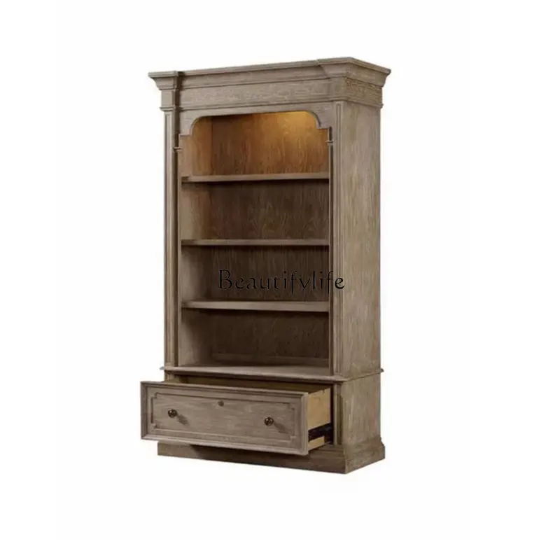 

American Style Solid Wood Bookcase Living Room Antique Decoration French Vintage Display Wine Cabinet Storage Bookshelf
