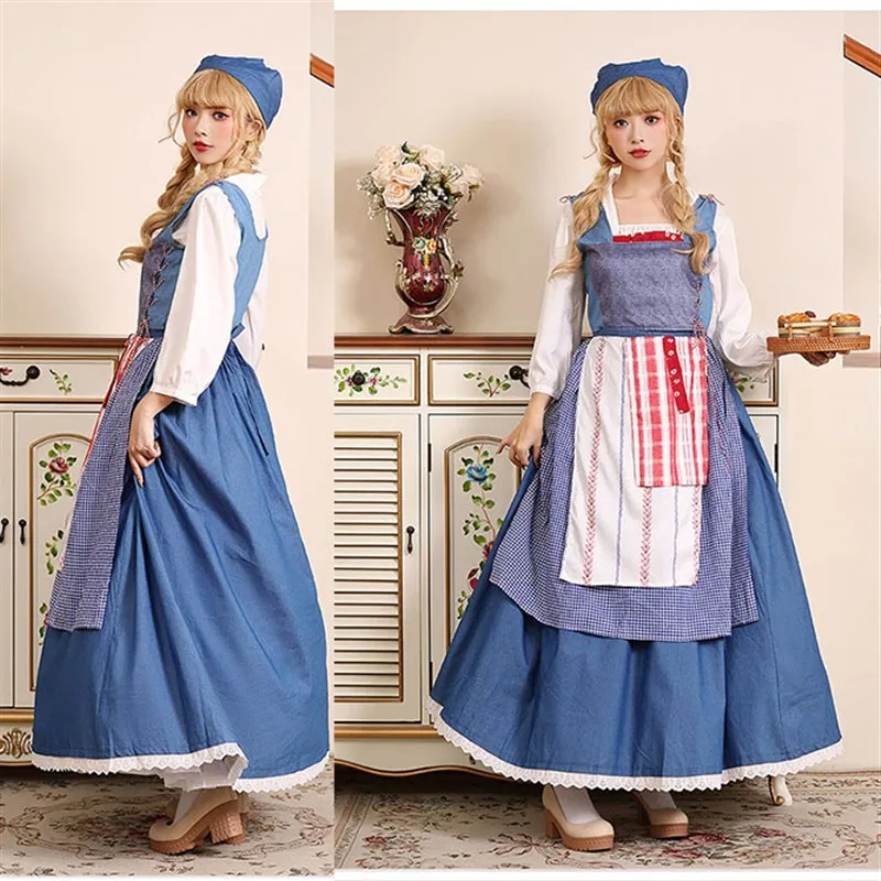 

Blue Plaid Long Maid Skirt loween Costume Farmhouse Maid Cany Annual Conference Par Performance Women's Dr
