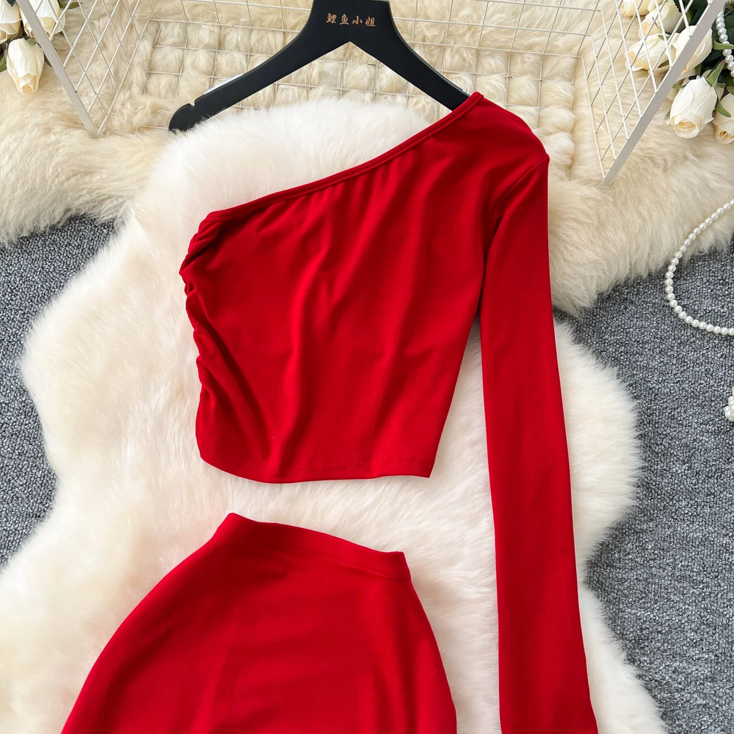 Chic Two-piece Sets One Shoulder Long Sleeve Diagonal Collar Blouse Basics High Waist Split Skirt High Street Vintage Clothing