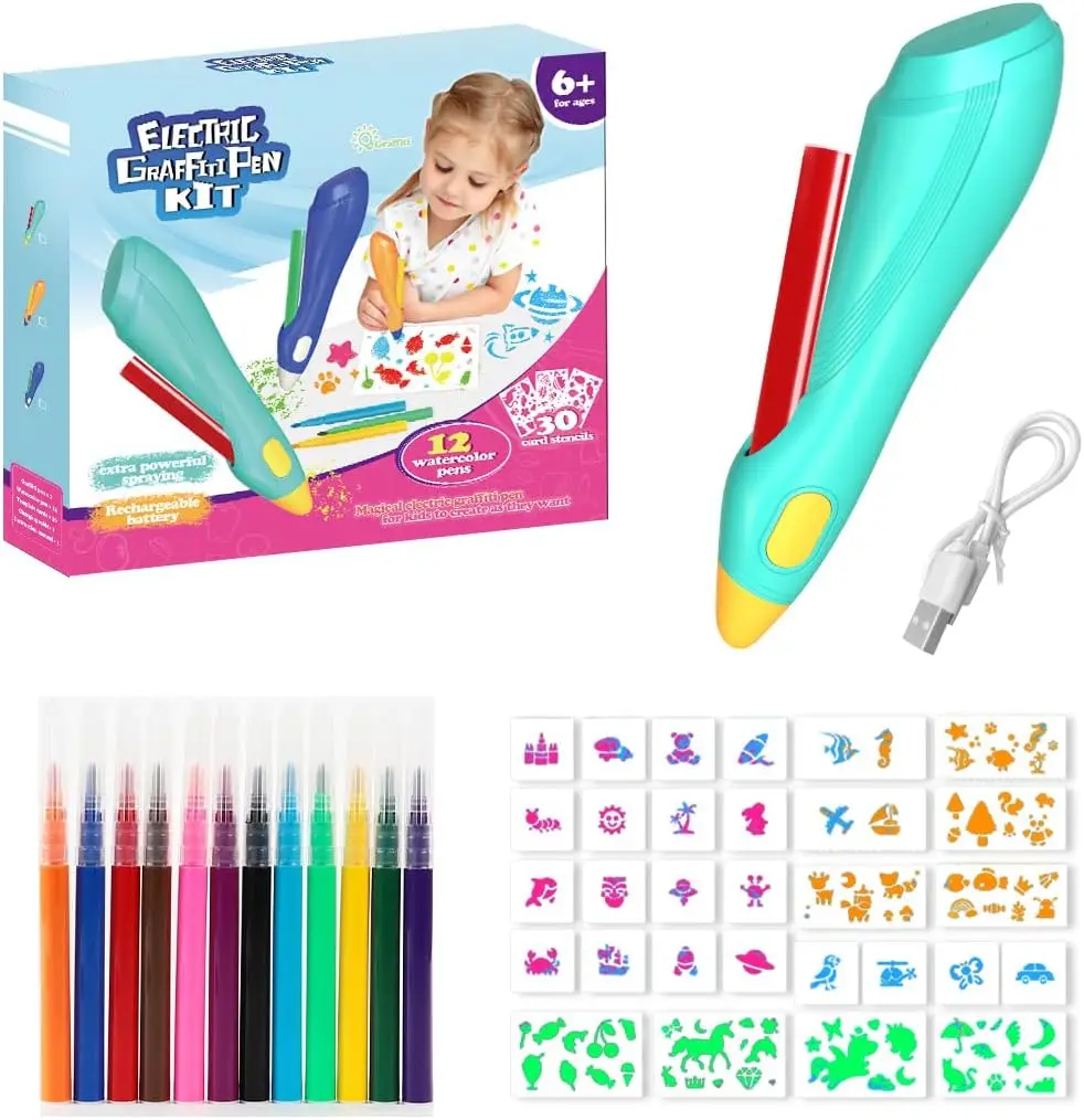 

Kids Electric Paint Spray Pen Toy Washable 12 Colors Markers Blow Pens Handheld Watercolour Paints Art and Crafts Education Gift