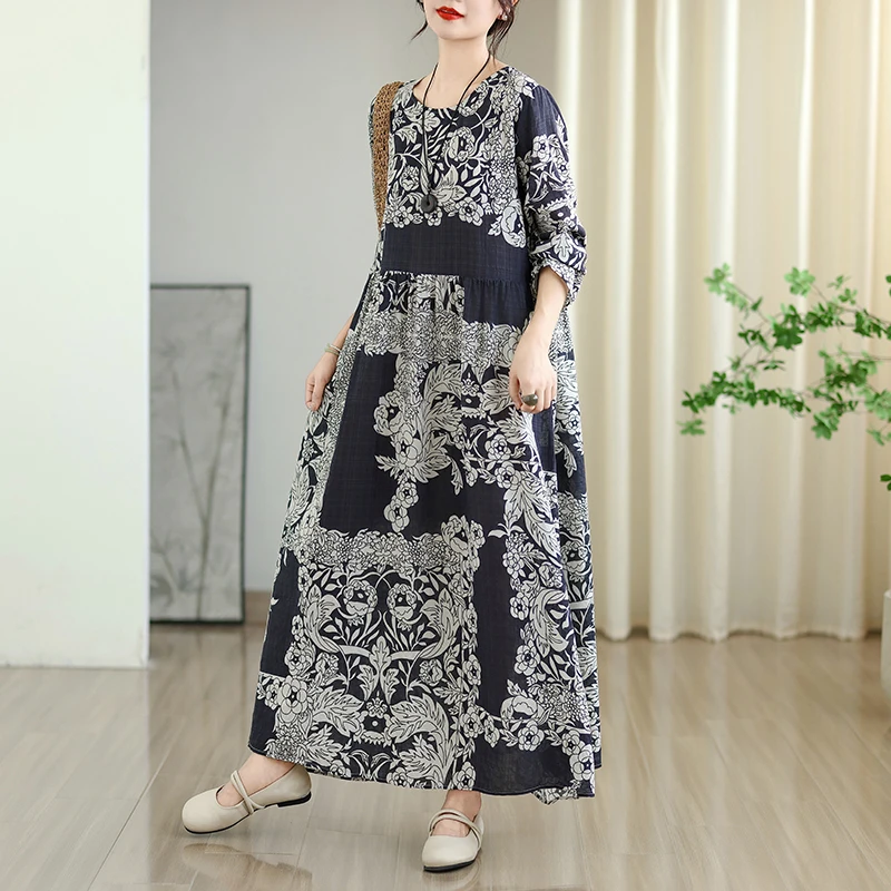 Early Autumn Floral Print Vaion Sle Travel round Ne Retro Long Dr Cotton Linen Material Meat Concealing Women's Dr