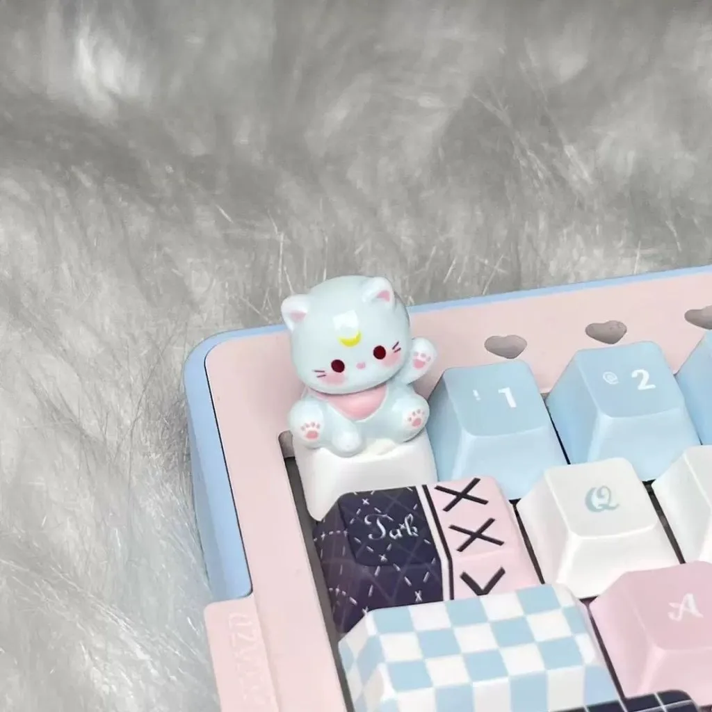 Teclado mecánico de eje transversal personalizado hecho a mano con gato de dibujos animados en 3D, teclas R4, teclas creativas personalizadas