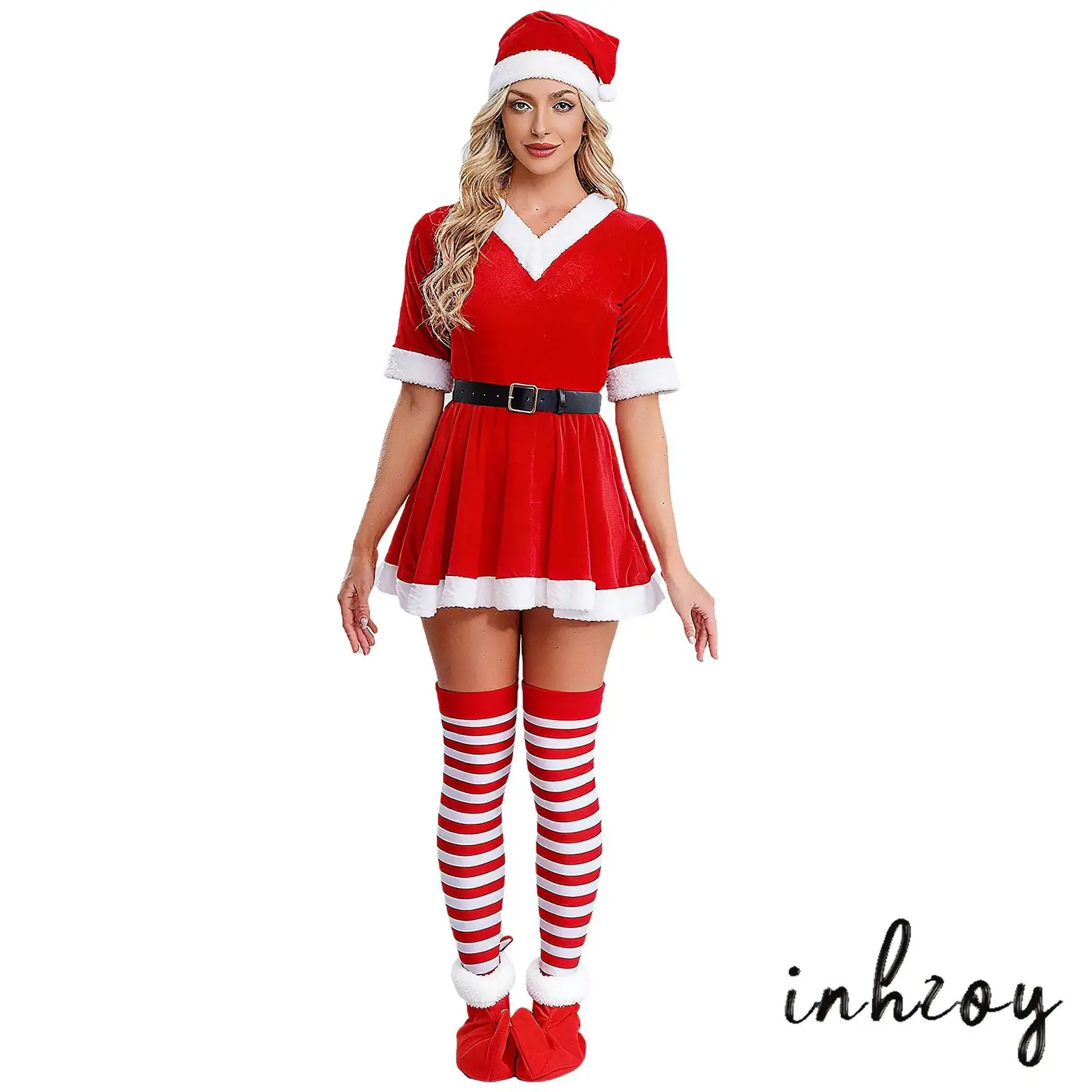 Women Mrs Santa Claus Outfits Open Front Long Sleeve Robe+Waist Belt+Striped Stockings+Hat+Gloves 5-piece Christmas Xmas Costume