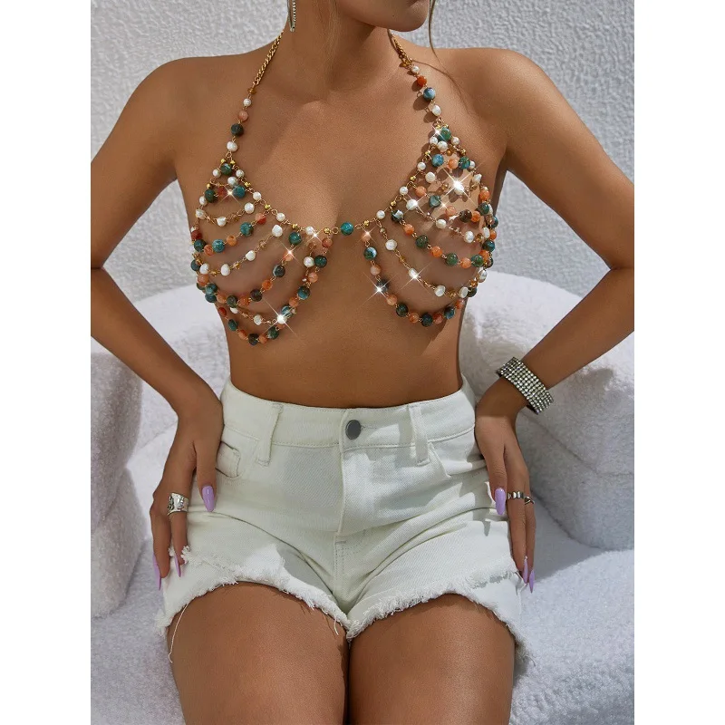 Bohemian Sexy Mixed Colors Stone Beading Bra Chain Halter Camis Tops for Women Summer Travel Beach Bikini Crop Tops Breast Chain