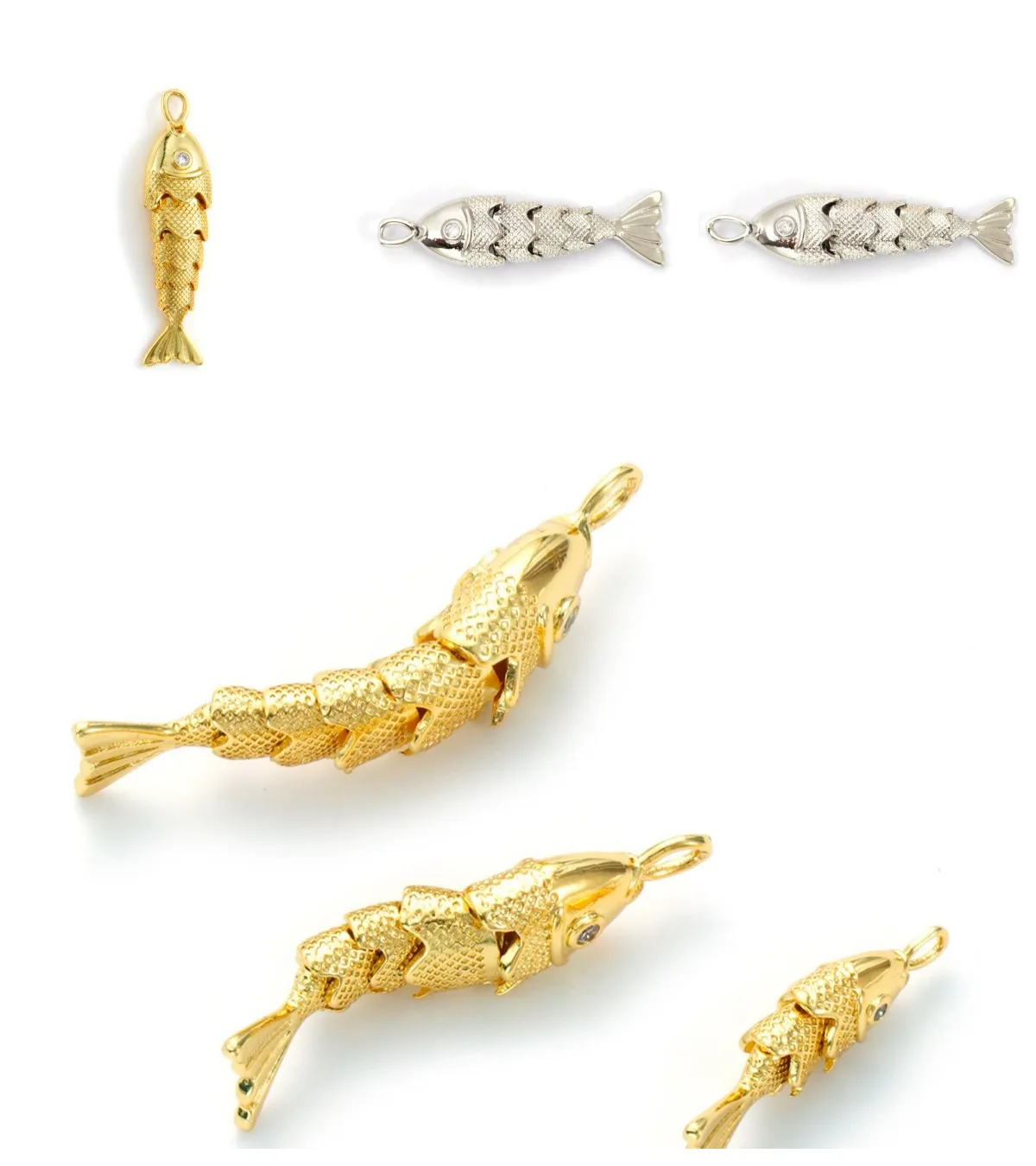 1 Piece Movable Brass Ocean Fish Jewelry Charms Clear Cubic Zirconia Pendant For DIY Necklace Making