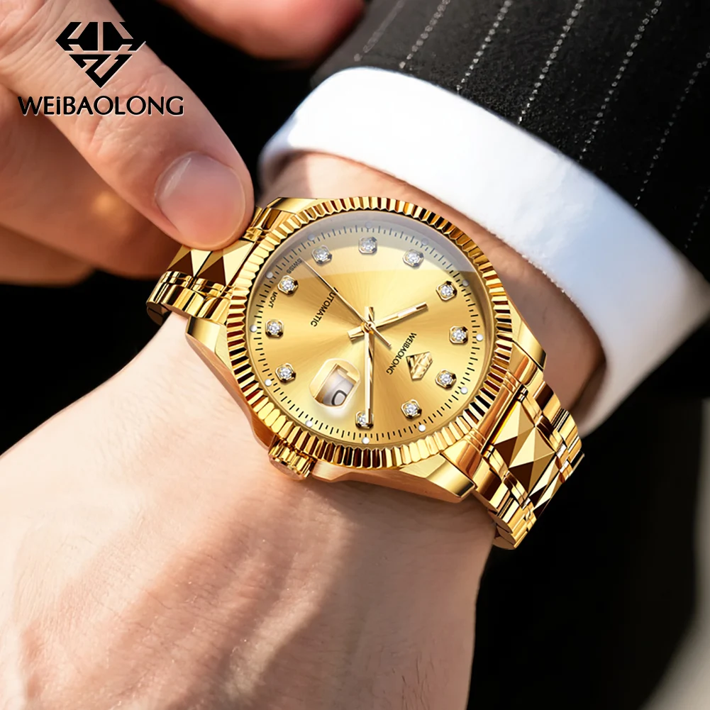 WEIBAOLONG 3802 Real Diamond Men Watch Swiss Movement Automatic Mechanical Watch Tungsten Steel Luxury All Gold Men Watch Gift