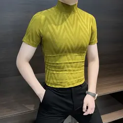 Half Turtleneck Bottoming Shirt for Men in Autumn and Winter Mid-collar Tight Striped 2025 New Short-sleeved T-shirt