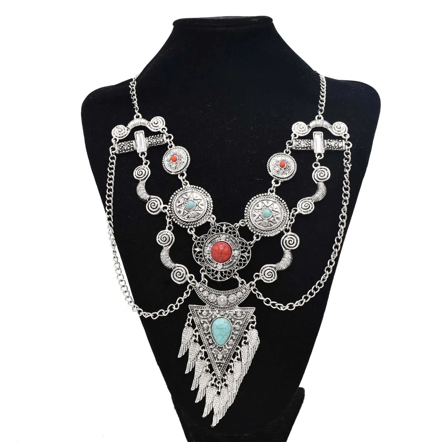 

New Fashion Bohemian Choker Statement Necklace Alloy Carved Flower Coins Pendant Long Necklaces for Women Charms Fashion Jewelry