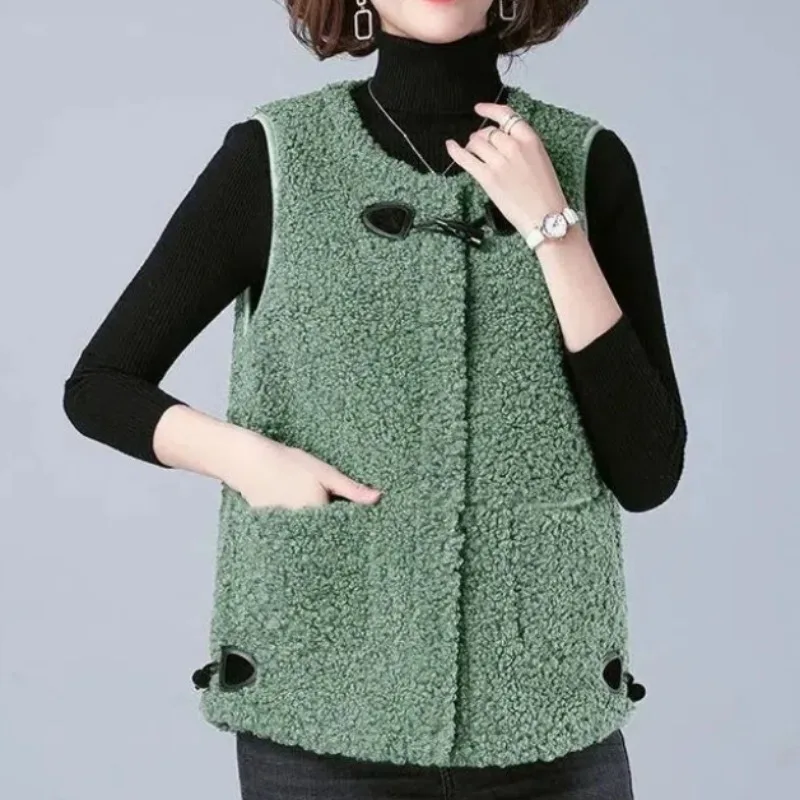 

Autumn Winter Jackets Sleeveless Solid Color Button Women's Clothing Cardigan Coats Casual Elegant Fashion Vests Round Neck Tops