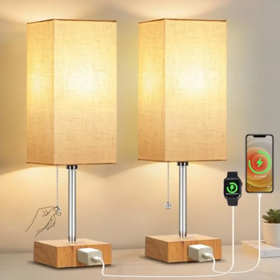 

Bedside Table Lamps for Bedroom Nightstand, Bedroom Lamp with 3 Color Temperatures Nightstand Lamps Set of 2 with AC Outlets, S