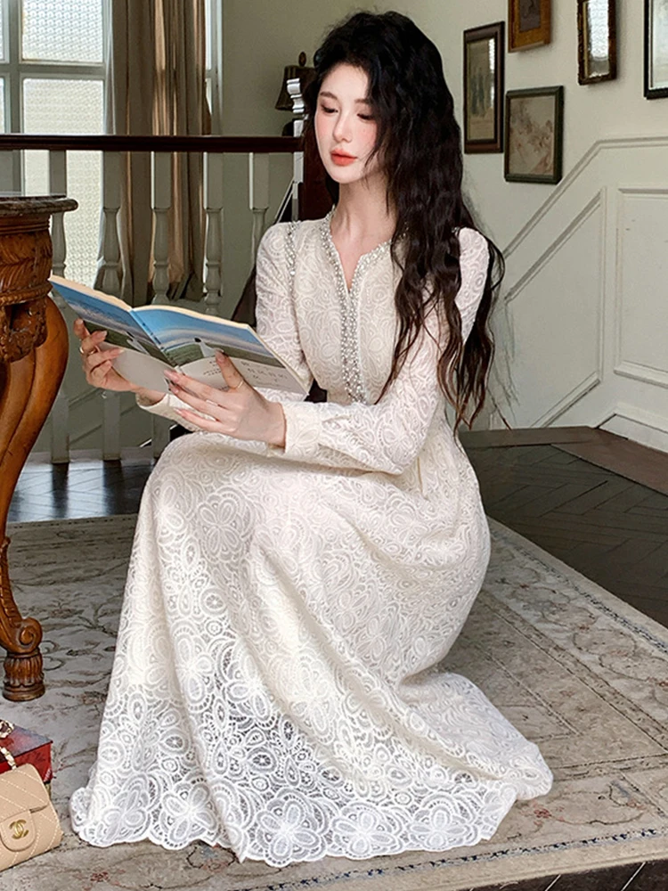 ชุดเดรสยาวสไตล์หวานแบบแฟรี่คอร์สำหรับผู้หญิง เสื้อผ้าผู้หญิงหรูหรา ผ้าลูกไม้โปร่งปักลายเพชร ชุดราตรีงานเลี้ยง ชุดออกงาน ชุดฤดูใบไม้ผลิ