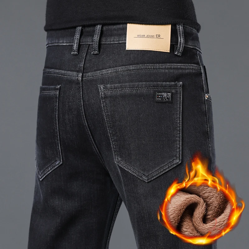 

Winter Fleece Men's Thick Jeans Warm Slim Fashion Vintage Business Pants Casual Comfortable Soft Stretch Plush Denim Trousers