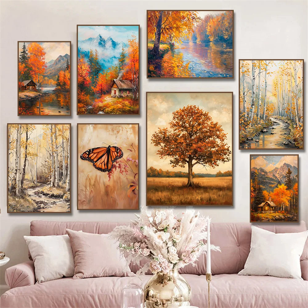 Oak Tree Art Serene Mountain Autumn Forest Cabin Landscape Butterfly Poster Canvas  Print Wall Art Room Home Decor Gift