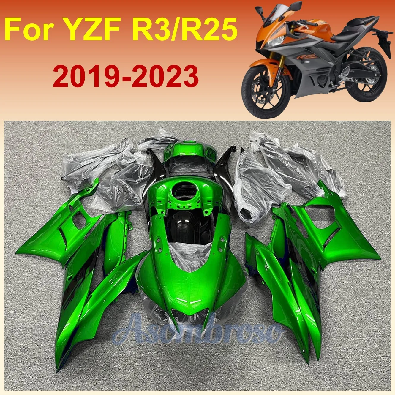 ヤマハyzfr3 r25 2019 2020 2021 2022 2023 yzfr3 19 20 21 22 23,グリーンプラスチックモーターサイクルフェアリングキット,新しいスタイルのボディワークセット