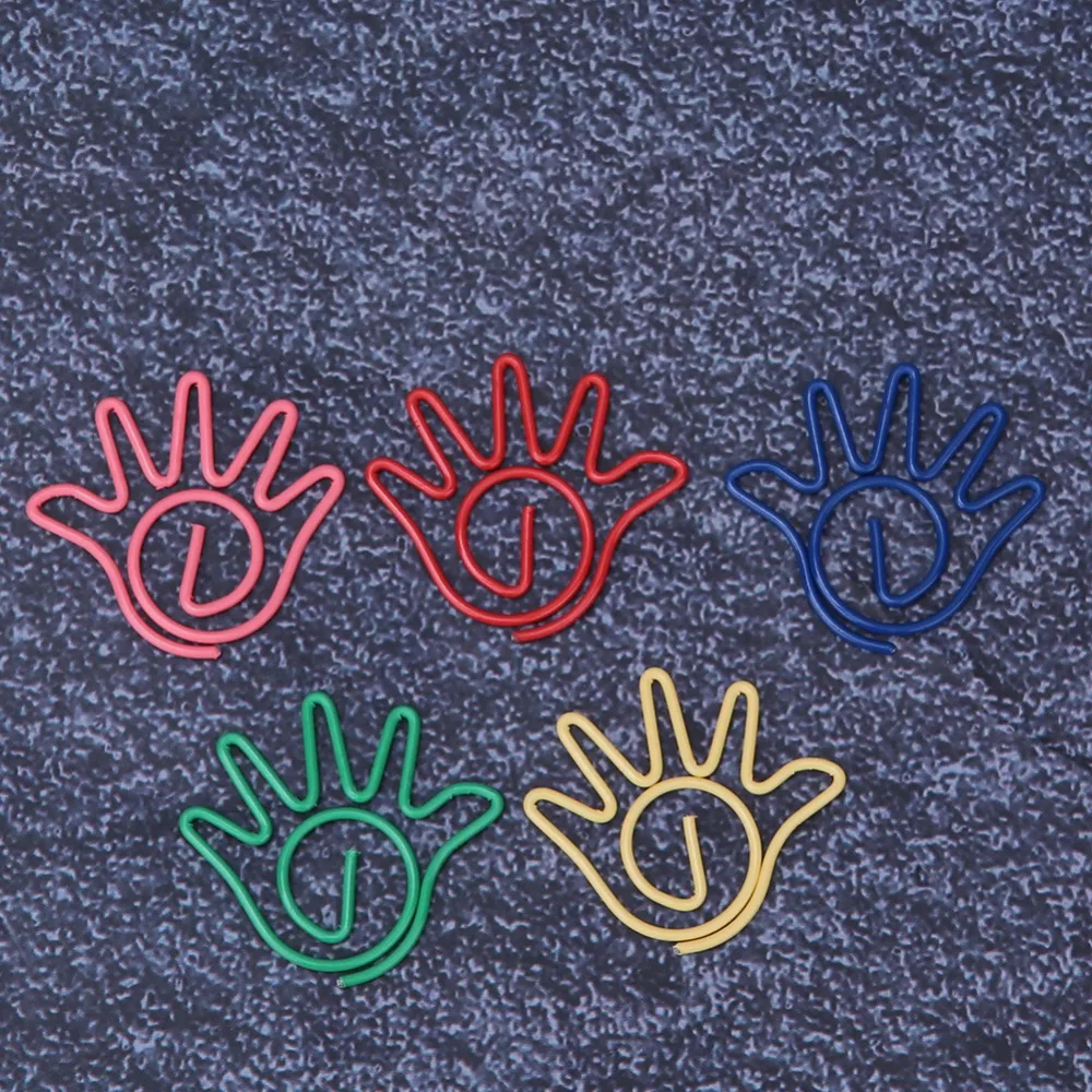 60pcs 5 Colors Paper Clip with Storage Box Hand Shaped Memo Clips PET plastic-covered wire 26*24mm School Stationery