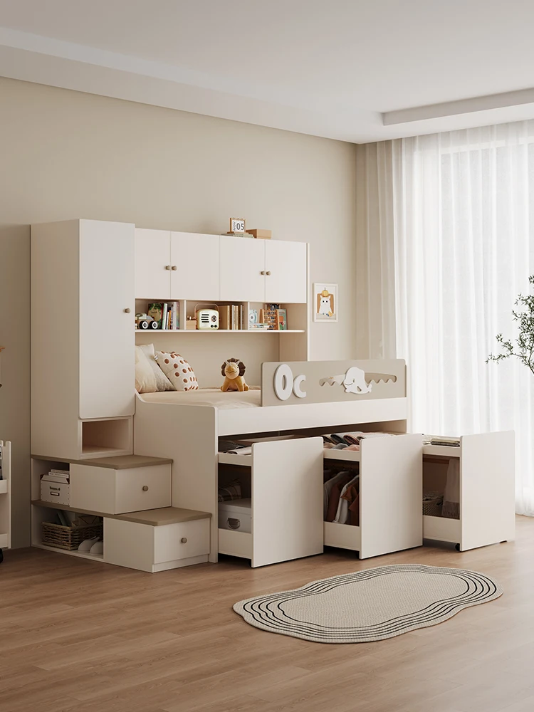 

Half height children's bed small apartment wardrobe integrated multi-functional double-layer storage with mobile