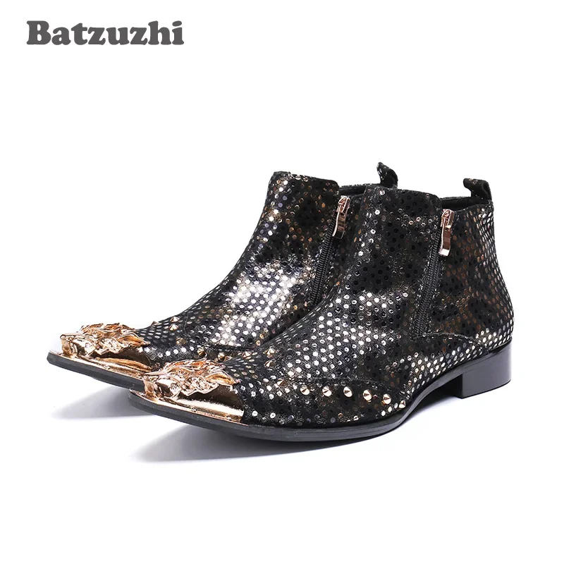 

Japan Style Rock Men Boots Metal Pointed Toe Leather Boots Ankle Rivets Bling Botas Hombre Designer's Party, Runway Boots, US12