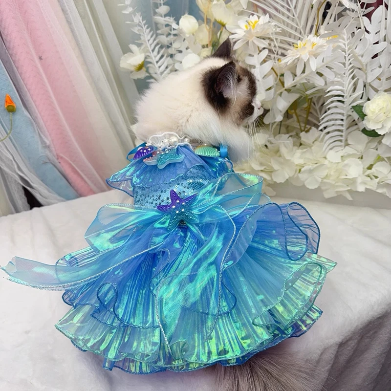 

Handmade Premium Dog Clothes Illusion Blue Deep Sea Mermaid Princess Dress Pet Cat Dog Lace Gown Photography Dresses Dog Skirt