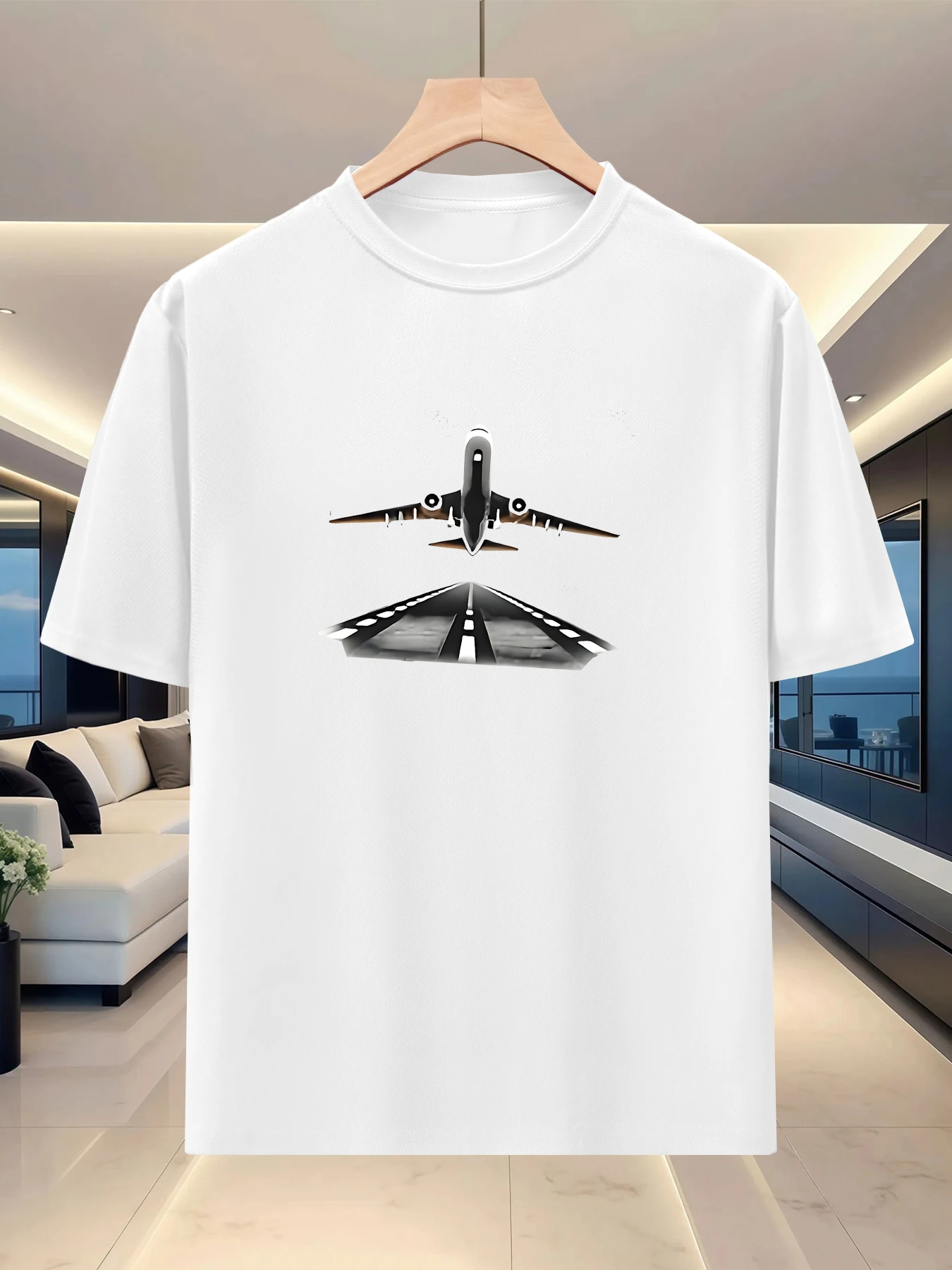 Light, simple and relaxed men's short sleeved T-shirt, summer short distance travel trend, art printed off shoulder top