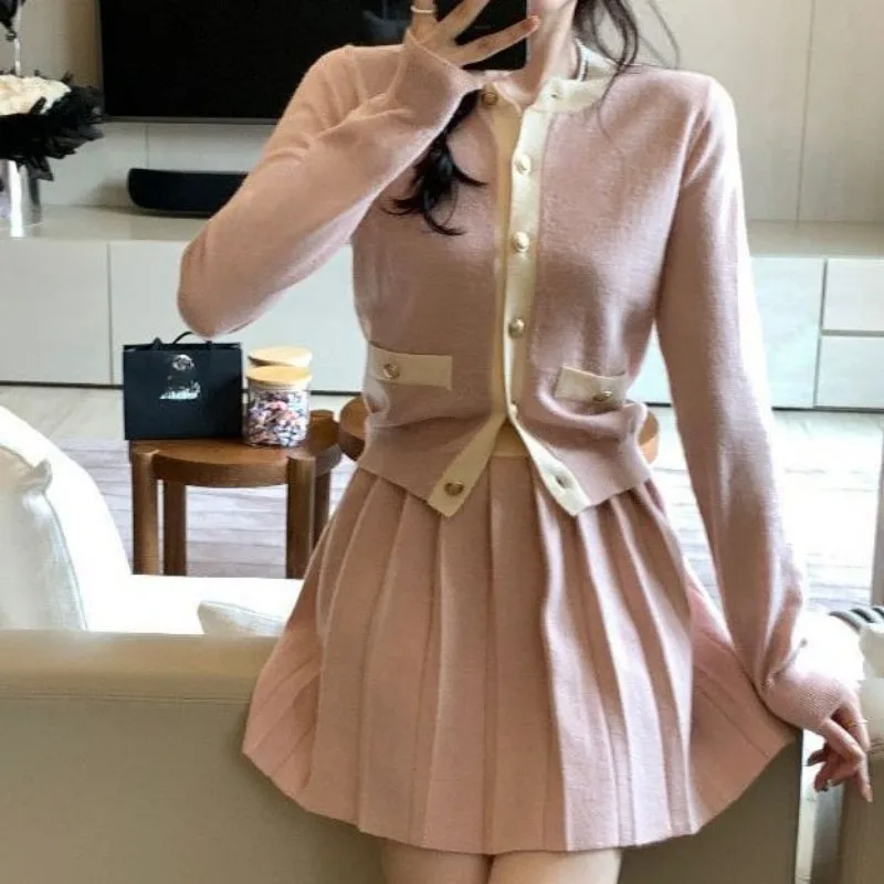 Korea Sweet Girls Retro Knitted Long Sleeve Slim Cardigan Tops and Mini Pleated Skirts Suit Fashion High Street Outfit for Women