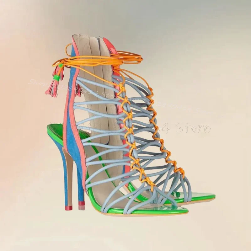 

Mixed Color Hollow Cut Heel Open Toe Strappy Sandals Side Zipper Women Shoes Thin High Heels Fashion 2025 Zapatos Para Mujere