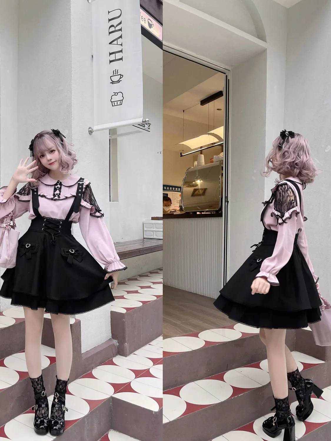 Japanese Sweet Lolita Style Black Pink Contrasting Colors Long Sleeved Blouse Women 2025 Spring All Match Shirt Camisas De Mujer