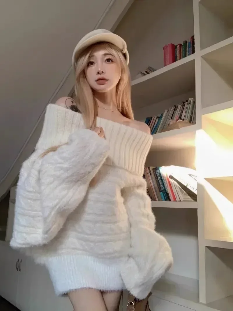 

Sexy Mature Women New Knitted Dress Slash Neck Long Sleeve Off Shoulder Soft Mink Loose Knitting Mini Dresses Thick Sweater
