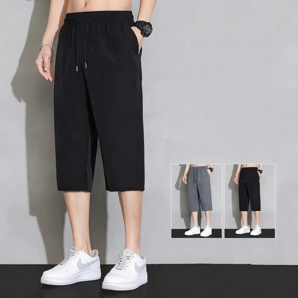 Summer Mens Ice Silk Capris Thin Breathable Quick Dry Trousers Casual Loose Fit Sport Training Running Beach Sweatpants