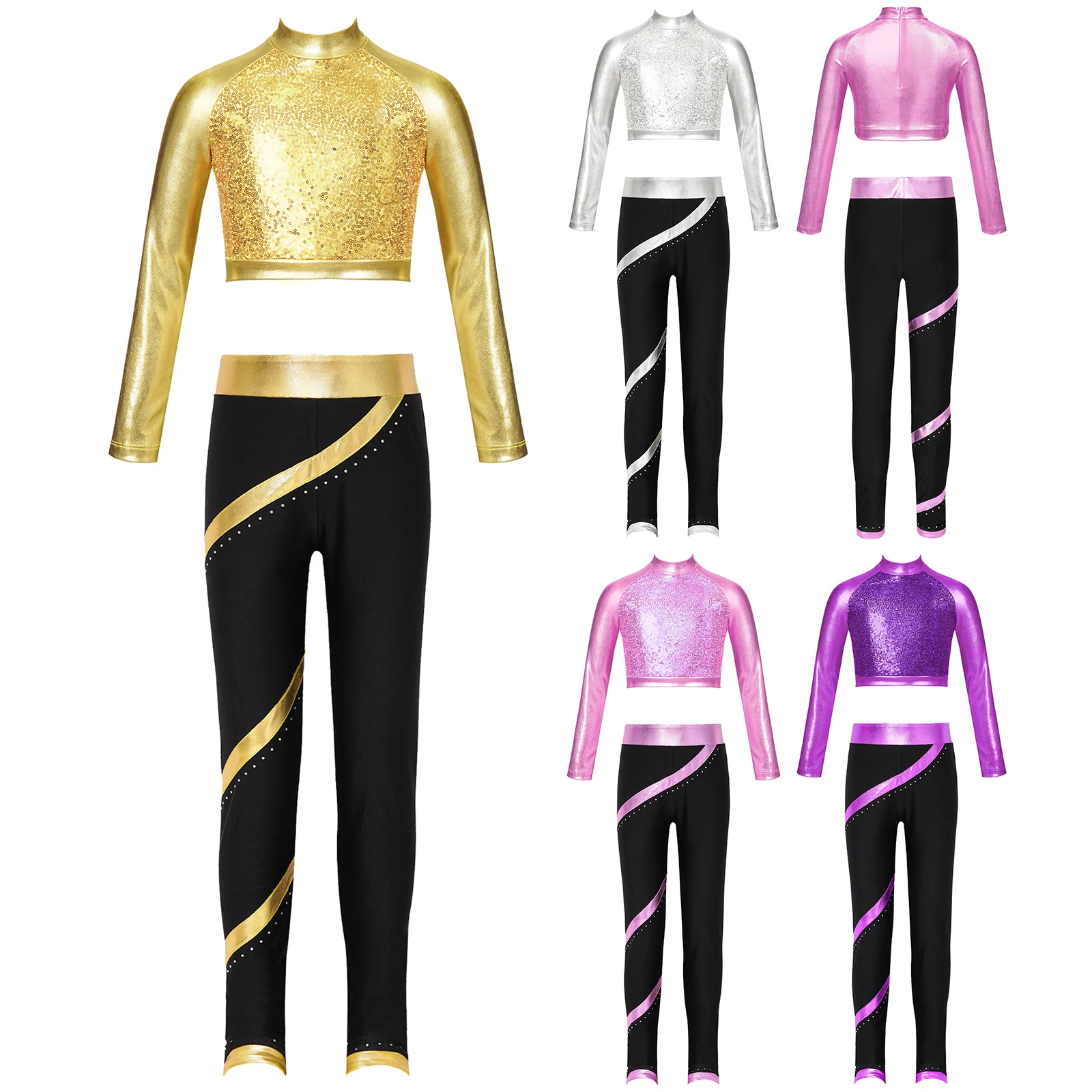 

Kids Girls Sequin Tracksuit Long Sleeve Crop Top with Striped Pants Sportswear Set Ballet Jazz Dance Performance Dancewear
