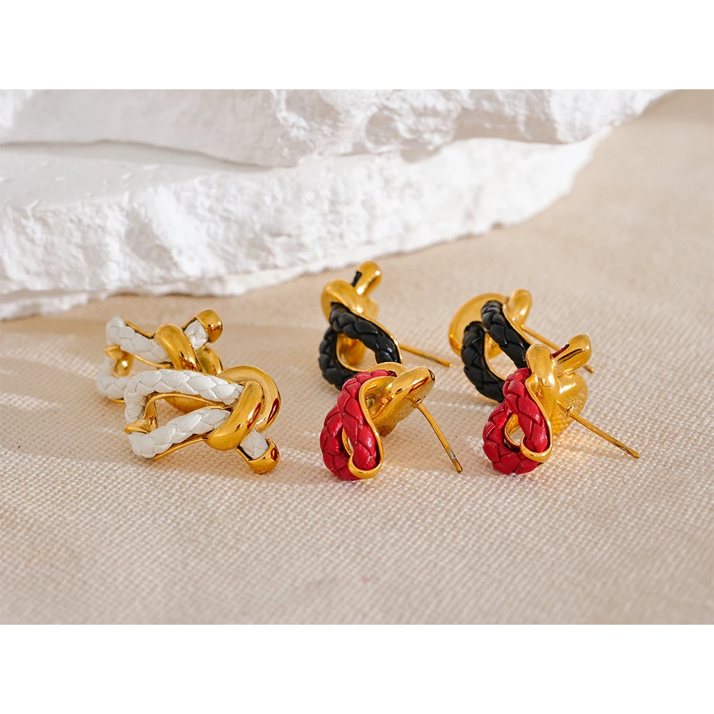 Yhpup Red Black White Leather Knot Geometric Hollow Stud Earrings Trendy Stainless Steel Water Resistant Stylish Unique Jewelry
