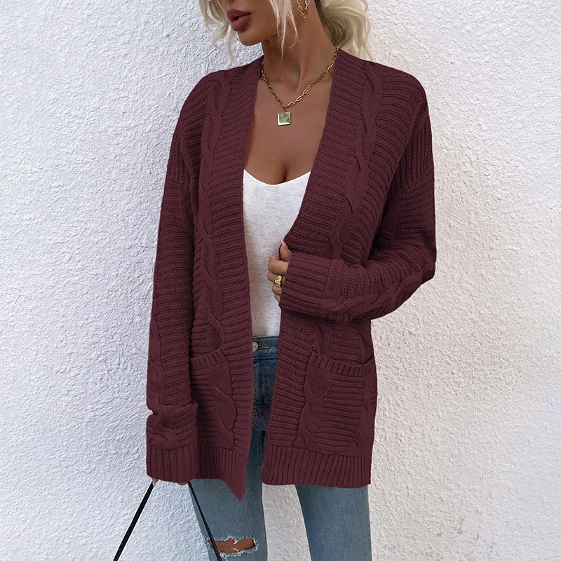 Women Autumn and Winter Fashion New V-Neck Cardigan Sweater Solid Color Pockets Splicing Mid-length Coat