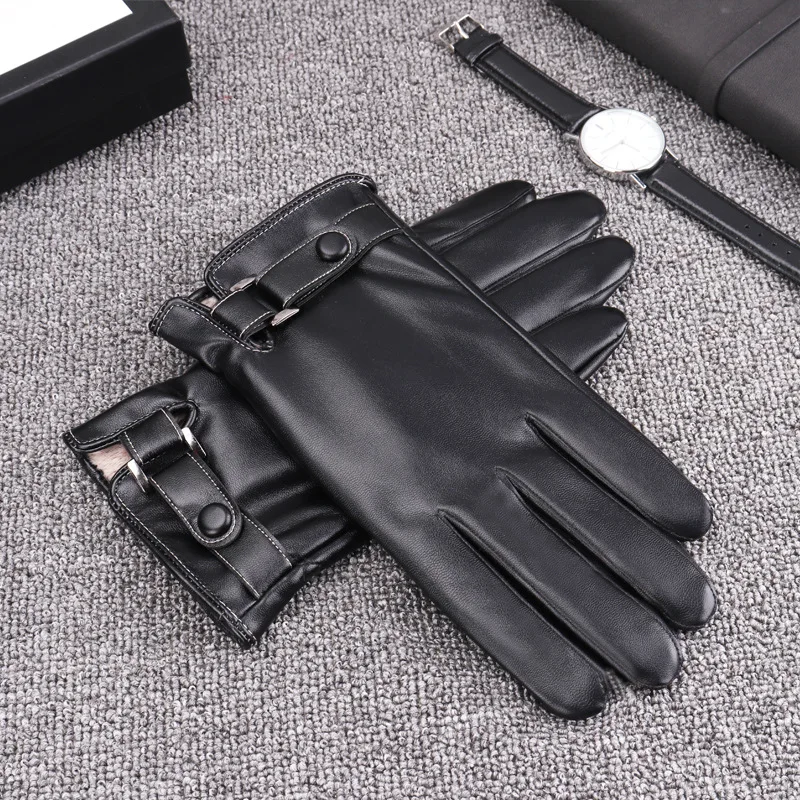 

High Quality Men Genuine Sheepskin Leather Gloves Autumn Winter Warm Touch Screen Full Finger Black Gloves