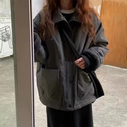 Women's Winter Thicken Parkas Stand Collar Lamb Fur Lined Jacket Coat Loose Single Breasted Warm Outerwear Safari Style Overcoat