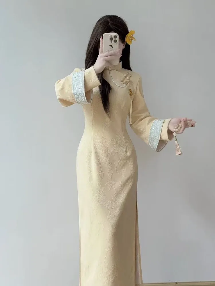 Spring Long Sleeve Qipao 2025, Modern Cheongsam Dress, Slim Fit Elegant Chinese Style Gown Oriental Long Sleeve Dress