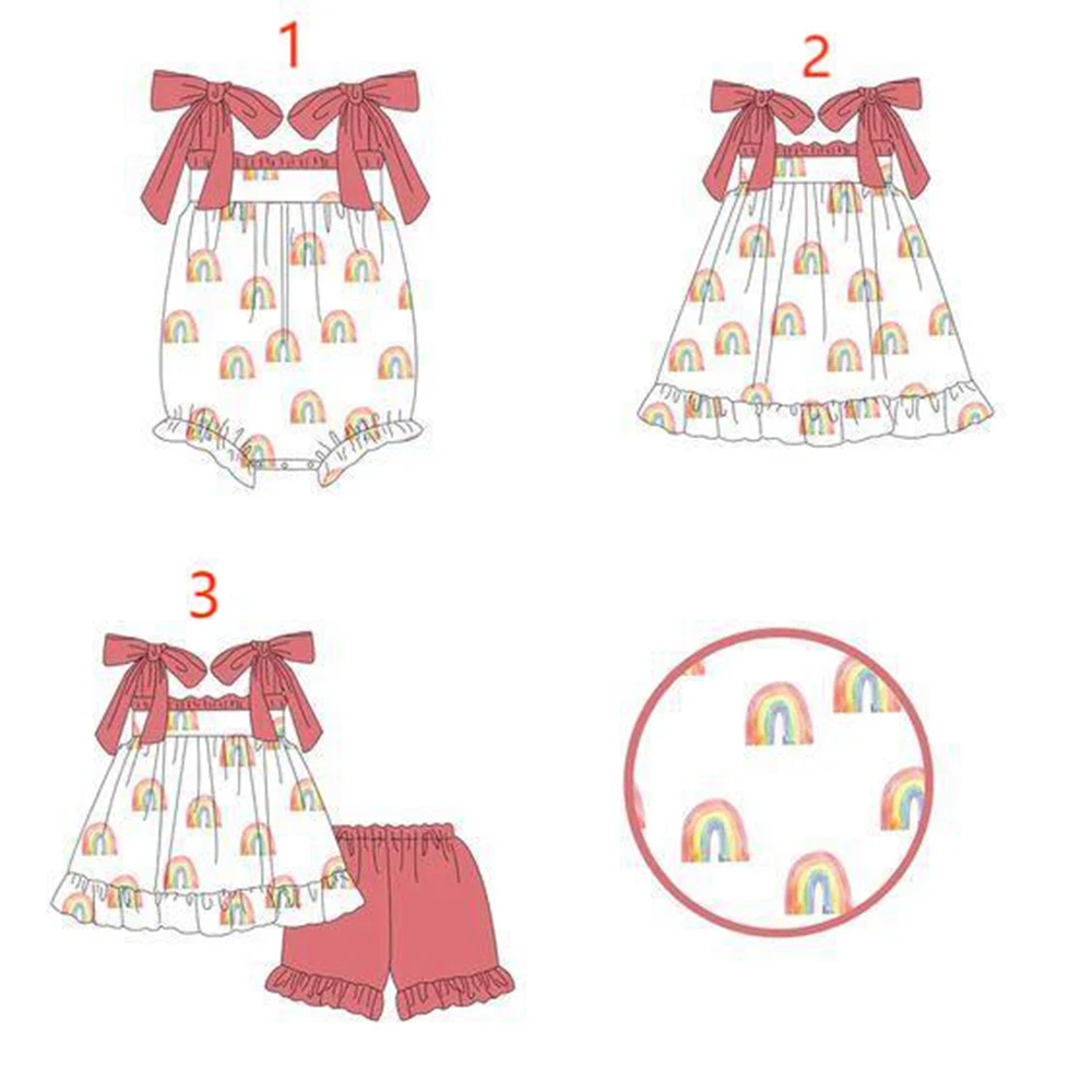 New children's suit suspender bow rainbow print shorts lace girl suit dress baby jumpsuit boutique clothing