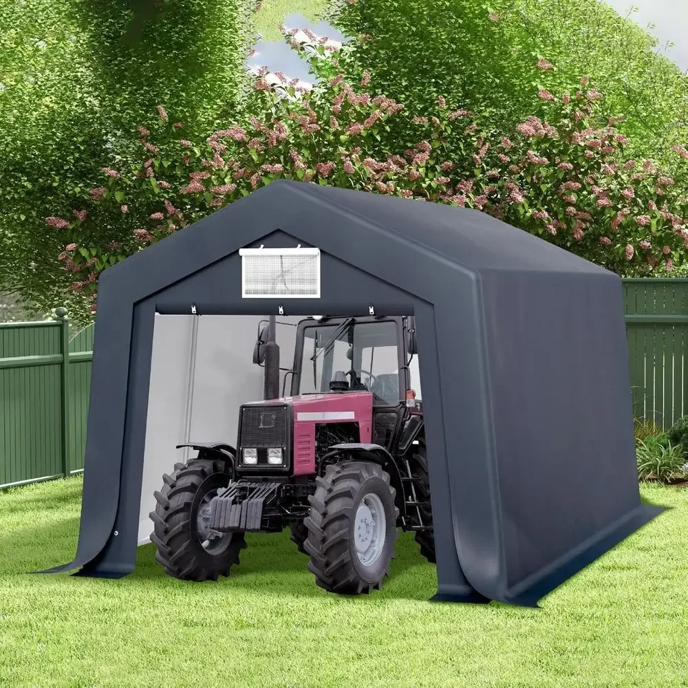 10x15 Portable Outdoor Shelter Shed with Roll-up Door, Ventilated, Waterproof & UV-Protected Gray Carport