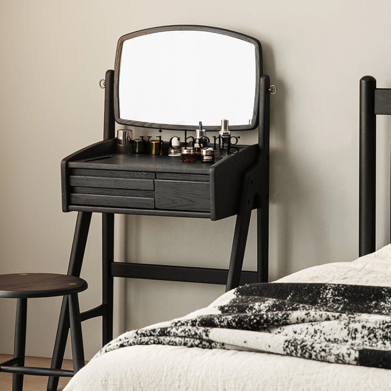 

ZC Small Dresser Black Vintage Solid Wood Makeup Table Bedroom Bedside Extremely Narrow Dresser with Mirror