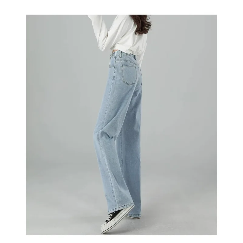 กางเกงยีนส์ขากว้างทรงตรงเอวสูงสำหรับผู้หญิง รุ่นใหม่ประจำฤดูใบไม้ร่วงและฤดูหนาวปี 2025 ทรงหลวม ขาเรียวเล็ก สีพื้น ยาวคลุมเท้า