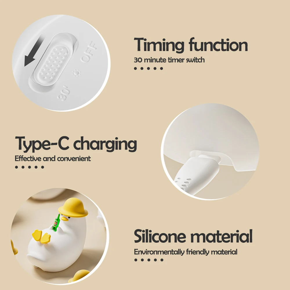 Lovely Silicone Duck Night Light Dimmable Nursery Sleeping Lamp Rechargeable Timing Touch Bedside Lamp for Breastfeeding Room