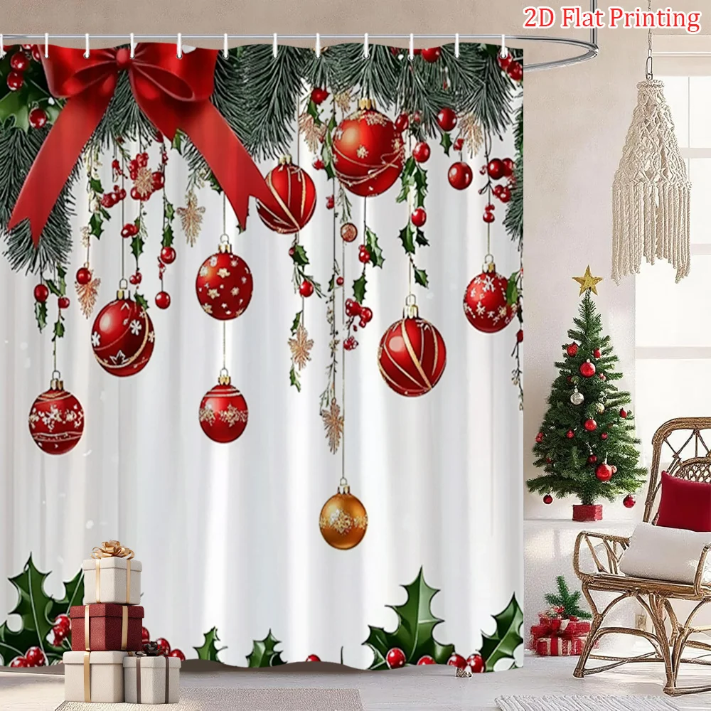 1pc Christmas Shower Curtain with Red & Golden Ornaments, Pine Greenery Bow - Red/Golden/ Winter Holiday Bathroom Decor, Bath Cu