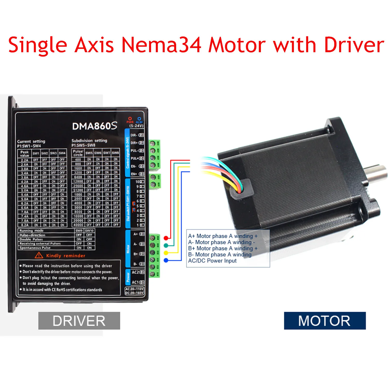 86mm Nema34 Stepper Motor 98mm Length 560Ncm torque 14mm Single Shaft 4 wire hybrid 2 phase motor +DMA860S Driver For CNC Router