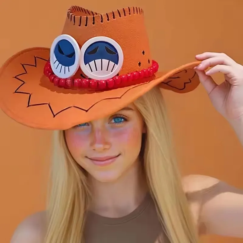 Nuovo arrivo Anime Ace Cappelli Cosplay Unisex Rufy Ace Arancione LED Berretto da cowboy per adulti Carnevale di Halloween Accessori Cosplay
