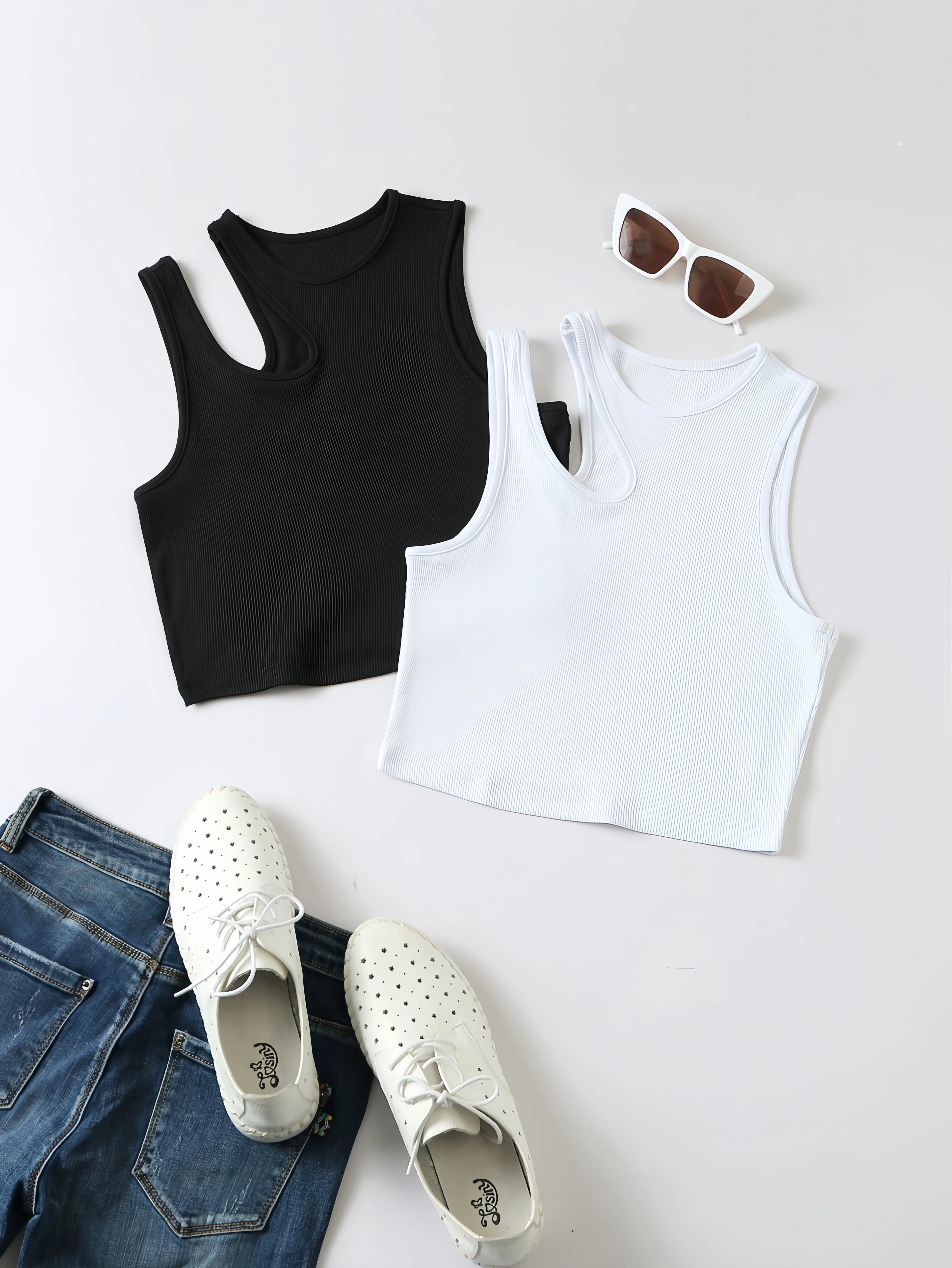 2-Pack Solid Color Round Neck Tank Tops, Casual Sleeveless Hollow-Out Asymmetrical Tank Tops, Suitable for Everyday Wear, Women's Clothing